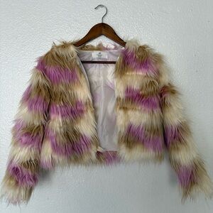 H&M Faux Fur Striped Jacket in Pink and Cream